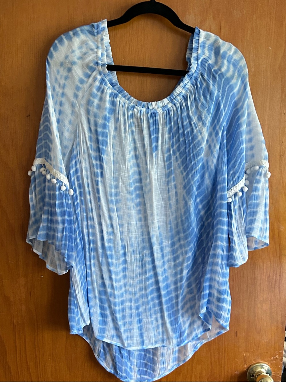 I.N. Studio Light Blue Tie-Dye Peasant Tunic with Pom Pom Trim